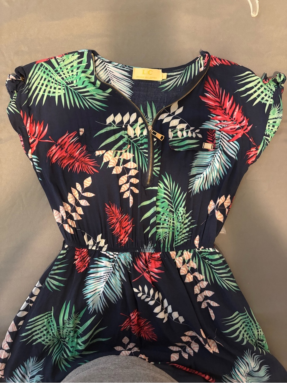 LC Navy Tropical Print Zip-Front Dress
